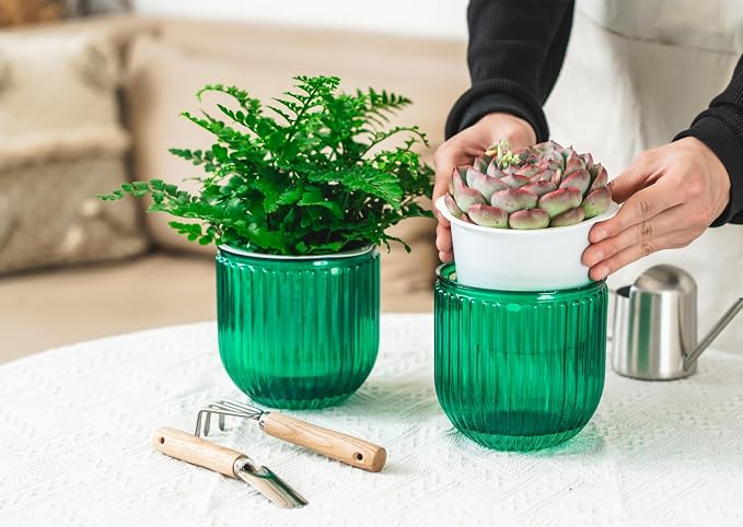 Melphoe 2 Pack Self Watering Hanging Planters Indoor Flower Pots, 5.3 Inch Outdoor Hanging Basket, Plant Hanger with 3Hooks Drainage Holes for Garden Home (Emerald)