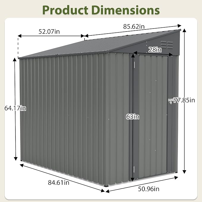 YOPTO 4x7 FT Lean to Storage Shed, Outdoor Metal Wall Side Storage Sheds with Lockable Door,Small Garden Tool Shed for Backayrd, Patio,Lawn,Easy Assembly,Gray