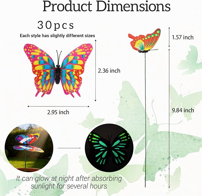 30PCS Luminous Butterfly Garden Decor Butterfly Stakes for Garden Favors | 3D Waterproof Reusable Artificial Butterflies for Flower Arrangements Outdoor Indoor Spring Garden Decor