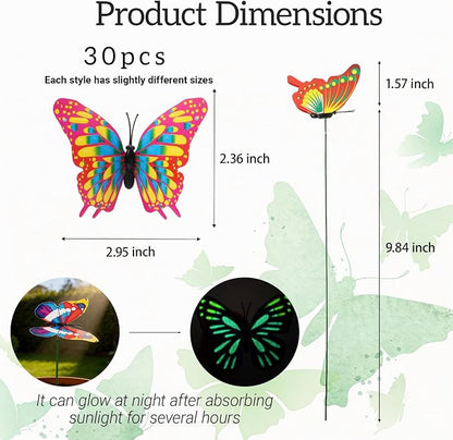 30PCS Luminous Butterfly Garden Decor Butterfly Stakes for Garden Favors | 3D Waterproof Reusable Artificial Butterflies for Flower Arrangements Outdoor Indoor Spring Garden Decor
