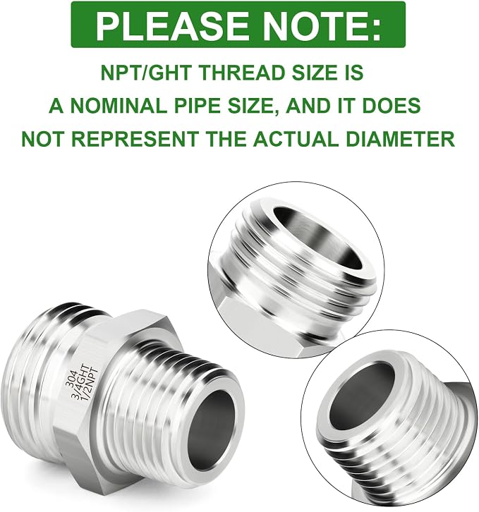 TAISHER 2PCS 304 Stainless Steel Garden Hose Adapter, 3/4" GHT Male x 1/2" NPT Male Garden Hose Connector with Washers