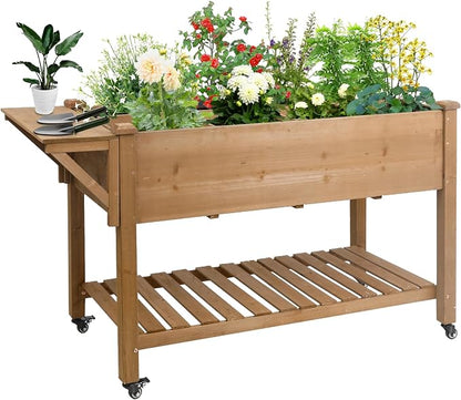 Gowoodhut Raised Garden Bed with Wheels, Wood Elevated Garden Box with W-Connection Tabs，for Vegetable, Flower, Herb, Large Storage Shelf, Easy to Assemble, 55.5x24x32in