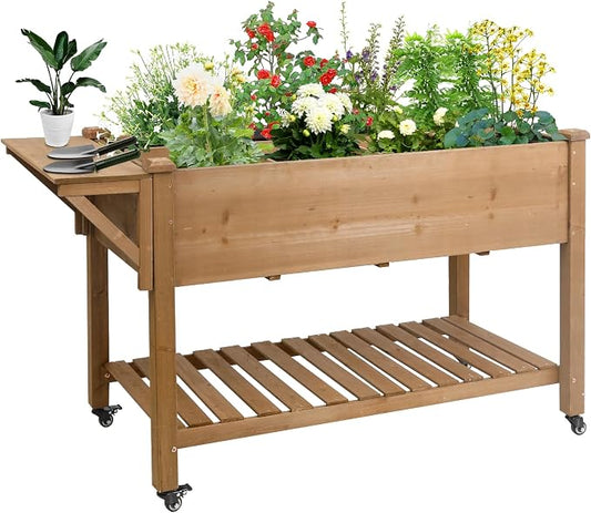 Gowoodhut Raised Garden Bed with Wheels, Wood Elevated Garden Box with W-Connection Tabs，for Vegetable, Flower, Herb, Large Storage Shelf, Easy to Assemble, 55.5x24x32in