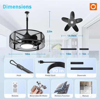 addlon 20 Inch Outdoor Ceiling Fans with Lights, IP65 Waterproof Plug in Caged Hanging Fan for Gazebo, Remote Control, 3 CCT, 6 Speeds Reversible Outdoor Fan for Patio, Pergola, Porch