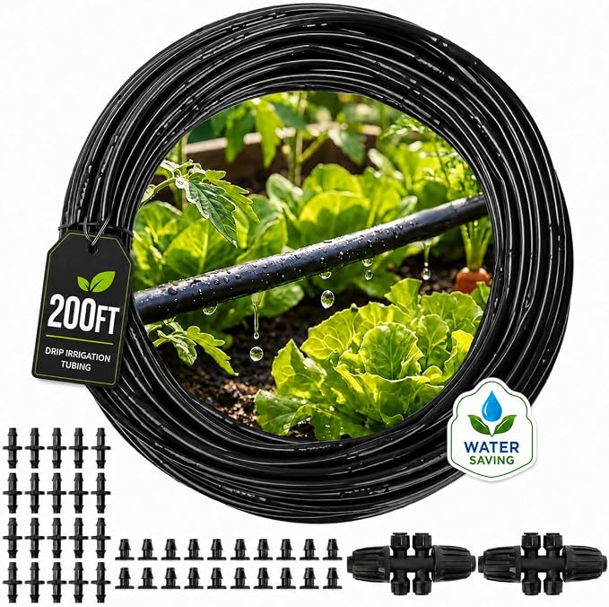 MIXC 1/4" Irrigation Dripline Tubing (200 Ft Roll), Saving 80% Water, 6" Emitter Spacing, 0.5 GPH Emitters Built-In Drip Irrigation Line with 1/4" Fittings Included, Black
