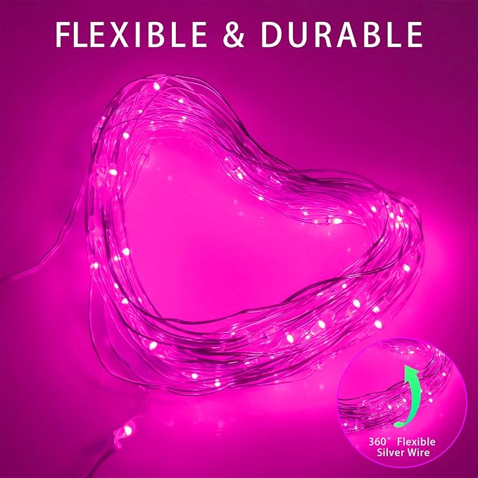 Solar Christmas String Lights Pink Outdoor Waterproof 100 LED（2 Pack） 8 Modes Copper String Lights Fairy Lights for Valentines Day Garden, Patio, Fence, Balcony, Outdoors(Pink 2pcs
