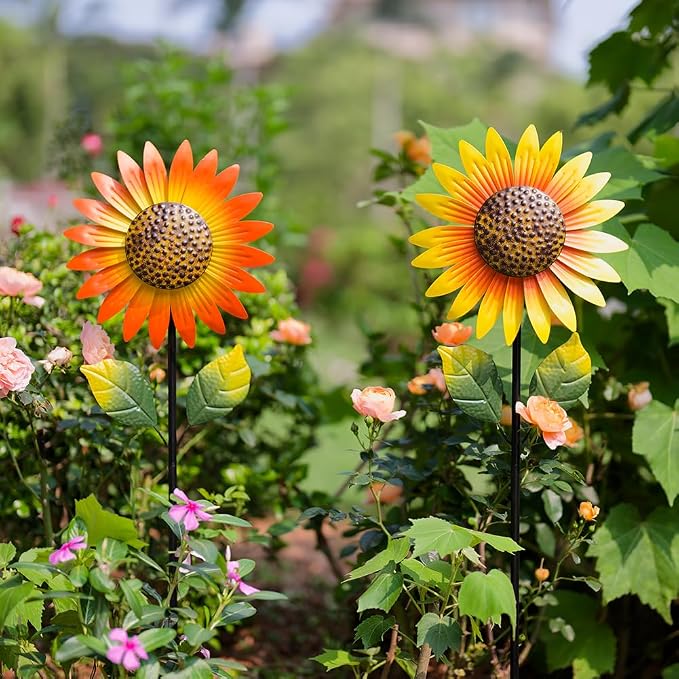 Viveta 2Pack Metal Sunflower Wind Spinner Outdoor,Pinwheels | Kinetic Decorative Wind Sculpture wtih Sturdy Stake, for Yard and Garden