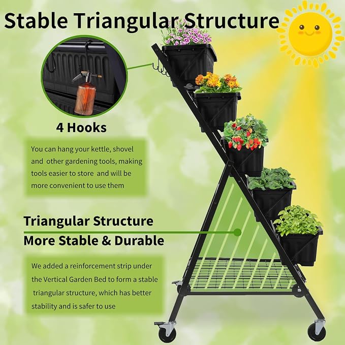 Homdox 4FT Vertical Garden Bed, 5 Tiers Vertical Raised Garden Planter, 25.6 * 26 * 48Inch Garden Raised Bed with 4 Hooks & 4 Wheels, Vegetable Flower Planter Raised Stand, Black with Storage Rack