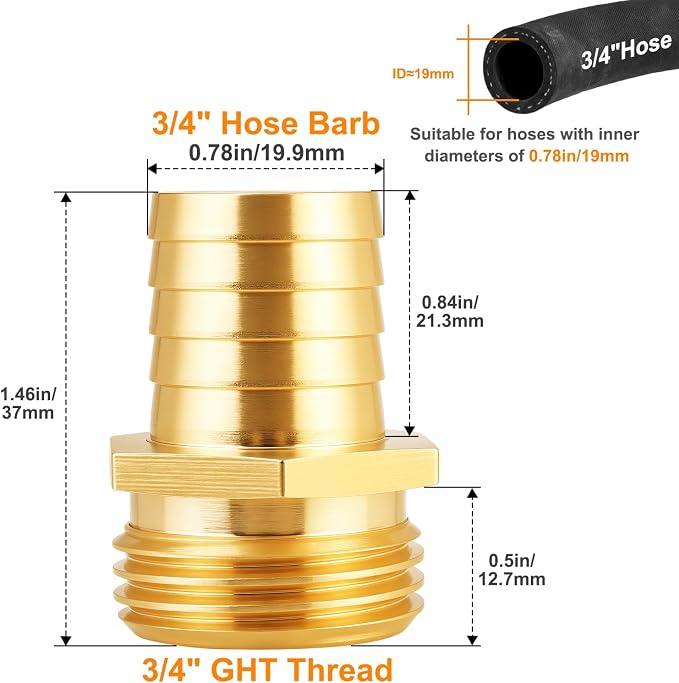 SIGURANTA 3/4" hose male fittings | Brass GHT Thread Spigot Connector | Outdoor Water Hose Fitting for sprayer nozzles Connection | Garden Hose End Adapter (3/4" MHT Barb Fitting 10PCS)