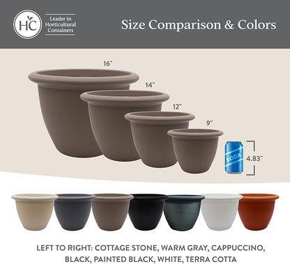 The HC Companies Sevilla Flower Planters - Durable Outdoor & Indoor Planter - Round Lightweight Self Watering Plant Pots for Herbs & More (12" Painted Black, Pack of 1)