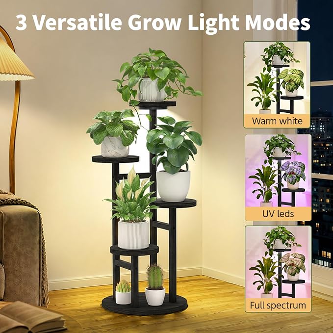 ASZOLA 4 Tiered Wood Plant Stand Indoor Corner with Grow Lights, Flower Holder Rack Tall for Multiple Plants, Rustic Planter Shelf Display for Patio Garden Balcony Living Room, Black