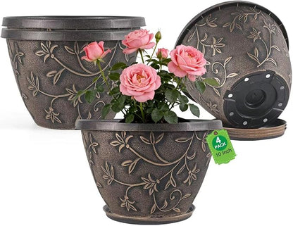 Nooulap 10 Inch Flower Pots Outdoor, Plastic Planters 4 Pack | Drainage & Trays, Indoor Outdoor, Medium Plants Pot, Home Balcony Garden Decor, Brown Vintage Flower Pattern