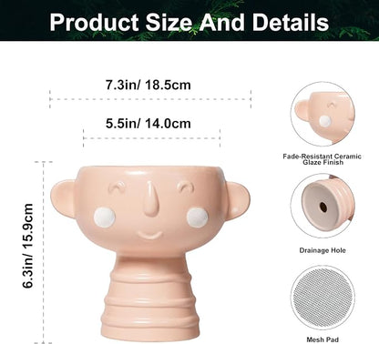 Face Planter Pots Head 7 Inch - Ceramic Face Pot for Plants Indoor Outdoor, Cute Decorative Plant Pots with Drainage Hole, Succulent Planters, Living Room Decor, Valentine Gifts, Matte Pink