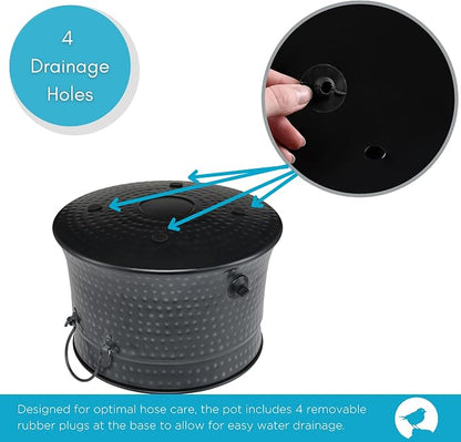 BIRDROCK HOME Decorative Water Hose Holder Pot with Lid | Holds 200ft Hose | Hammered Charcoal Exterior | Ground Garden Hose Box | Handles | Metal Hider | Outdoor or Indoor Use