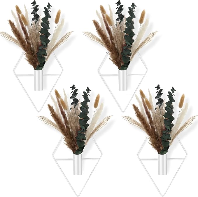 Jexine 4 Pcs Hanging Planters with Artificial Pampas White Metal Hanging Vase Indoor Plants Holder Modern Geometric Boho Bathroom Wall Decor for Living Room Home Office