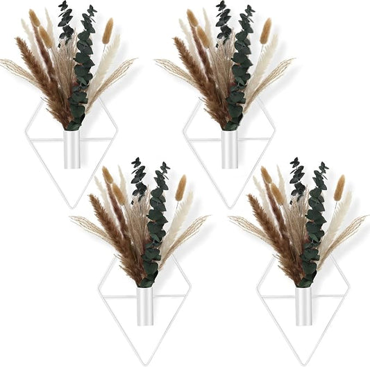 Jexine 4 Pcs Hanging Planters with Artificial Pampas White Metal Hanging Vase Indoor Plants Holder Modern Geometric Boho Bathroom Wall Decor for Living Room Home Office