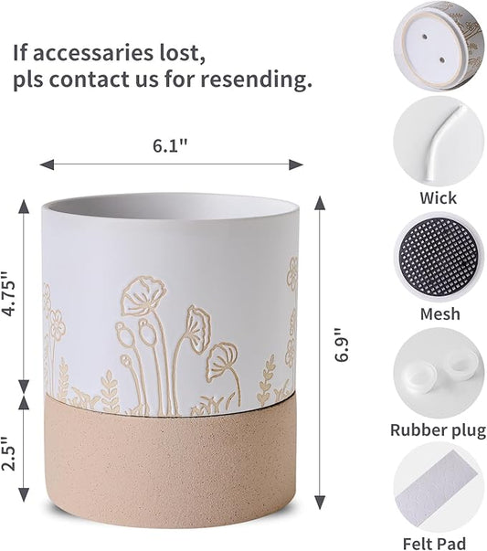 Nihow Self Watering Pots for Indoor Plants,6 Inch,White & Nature | Hand Painting,Ceramic Planter, Drainage Hole & Water Storage Plus, Cylinder Round Flower Pot, For Succulent/Herbs/Violets