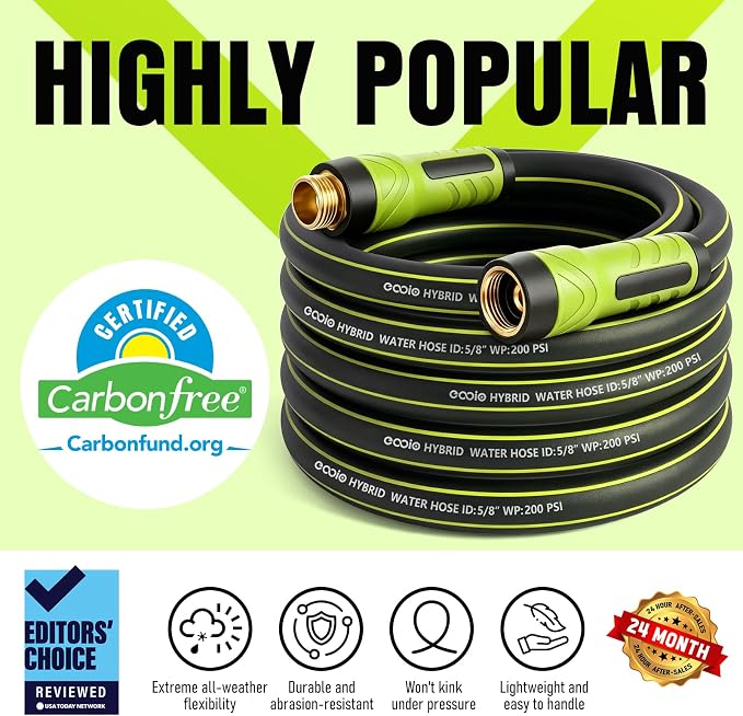 Garden Hose 75ft x 5/8", Heavy Duty Water Hose, Flexible and Durable, Kink Resistant Lightweight Hybrid Hose, Leakproof Yard Hose with Male to Female Fittings