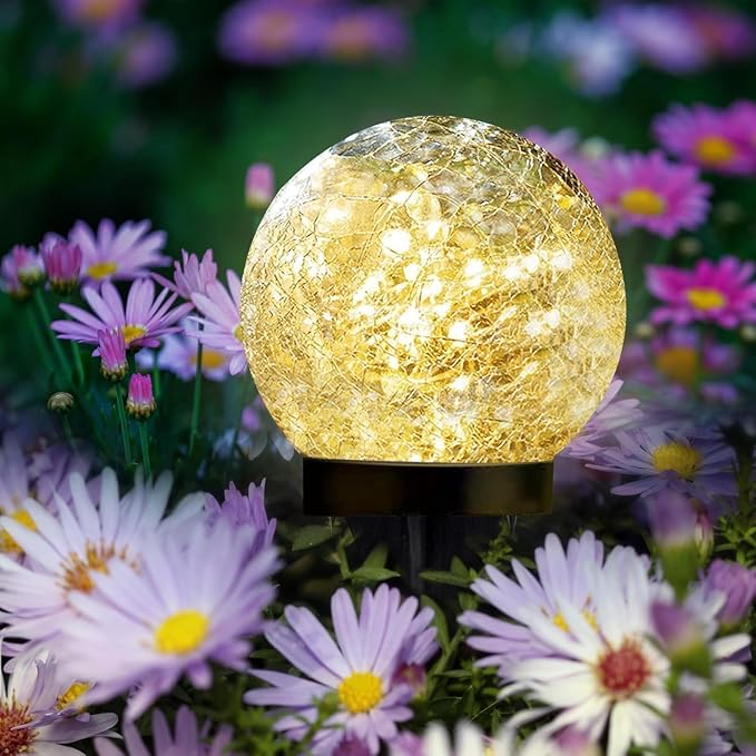 SyouHome Solar Garden Lights Outdoor Waterproof, Landscape Garden Decor | 4 Pack, Auto On/Off Cracked Glass Ball Light, Warm White Solar Globe Lights for Pathway/Patio/Lawn/Yard & Gardening Gift