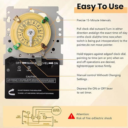 T101M Mechanical Timer Switch (Mechanism Only) - 120V 2HP 40A SPST Pool Pump Timers, 12 ON/Off 24 Hour Wall Timer Switches with Tripper for Lights, Water Heater, Pool Pump Systems