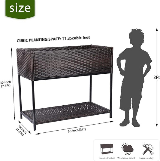 Raised Garden Bed - 3x1.5x2.5 ft Rattan Raised Bed Wicker Elevated Raised Garden Bed with Underneath Tool Storage Rack Shelf, Outdoor Raised Flower Planter Box