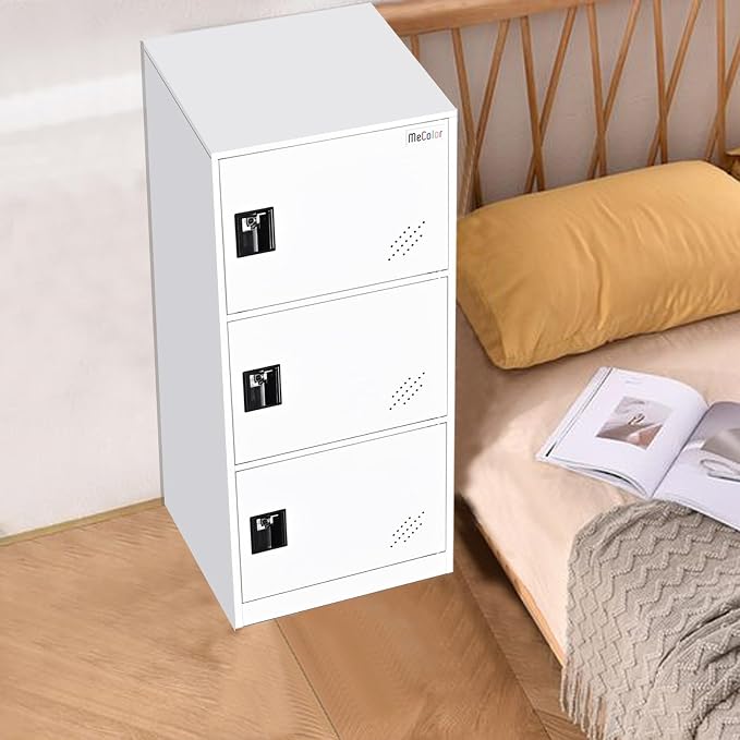 MECOLOR Vertical Single Tier Small Locker with Padlock latche 2 or 3 Compartment Storage for Employee,Home,Office,School,Kids (Full White, P3V)