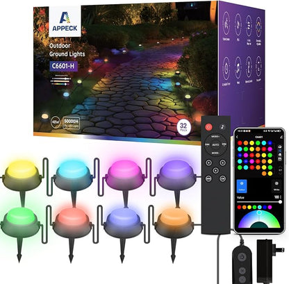 APPECK Outdoor Ground Lights 32 Pack, 100FT RGBW Pathway Lights Wired | 2200K Warm White Landscape Lighting, IP65 Waterproof, Color Changing, Garden Lawn Path, Holiday Decor, App/Remote Control