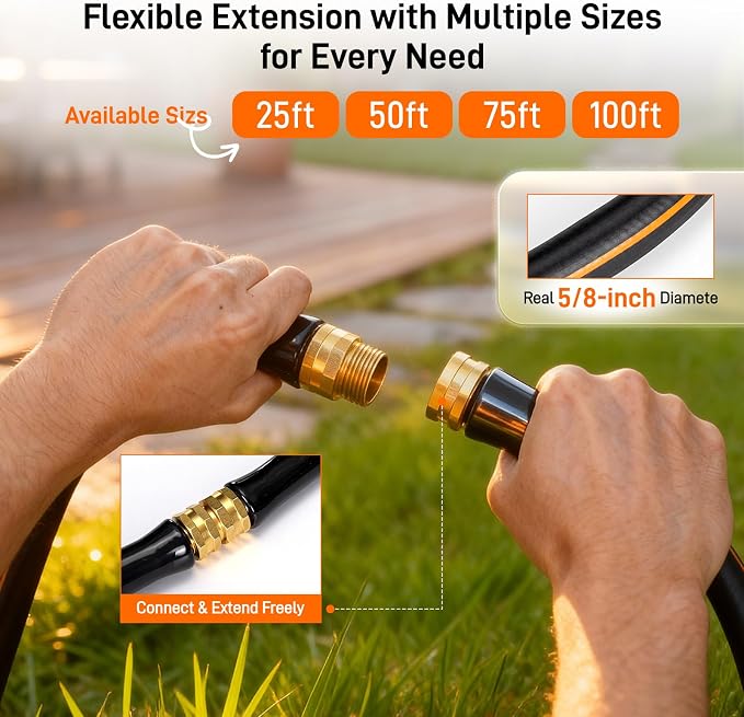 Garden Hose, 50ft 5/8" Heavy Duty Rubber Water Hose, 550 PSI Burst, 360° Anti-Kink Swivel Connectors, All-Weather Flexible, Leakproof 3/4" Brass Male to Female Fittings