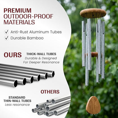 Silver Wind Chimes for Outside Deep Tone, 29 Inch Hand Tuned B Major Pentatonic Soprano Wind Chime with Decorative Kindness Stone, Outdoor Garden Patio Porch Decor, Meaningful Sympathy Memorial Gift