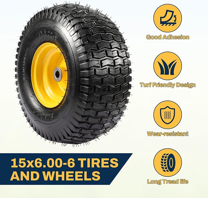2PCS 15x6.00-6 Tire and Wheel Assembly, Replacement for Craftsman John Deere Cub Cadet Riding Mowers, 4 Ply Tubeless Lawn Mower Tires 15x6x6, 500lbs Capacity, 3" Centered Hub, 3/4" Bushing