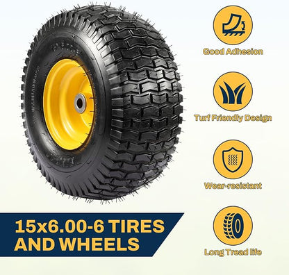 2PCS 15x6.00-6 Tire and Wheel Assembly, Replacement for Craftsman John Deere Cub Cadet Riding Mowers, 4 Ply Tubeless Lawn Mower Tires 15x6x6, 500lbs Capacity, 3" Centered Hub, 3/4" Bushing