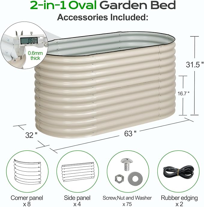 Aoodor 2-in-1 Modular Aluzinc Metal Raised Garden Bed, 63" L x 32" W x 32" H, Outdoor Planter Box for Vegetables, Flowers, and Herbs, Beige