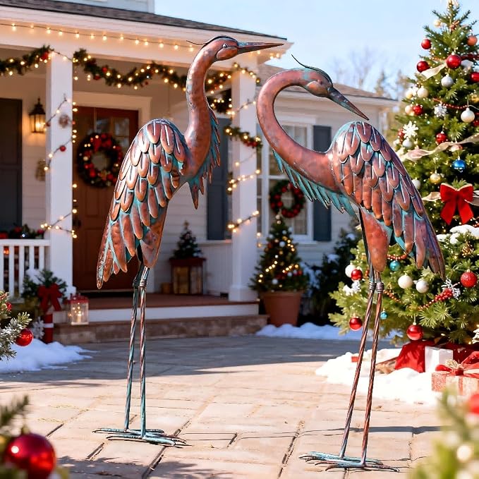 Kircust Outdoor Metal Heron Statues, Crane Sculptures for Garden Yard | Bronze 27.56" Tall, Set of 2 Heron Sculptures, Weatherproof, Patio Decor, Art