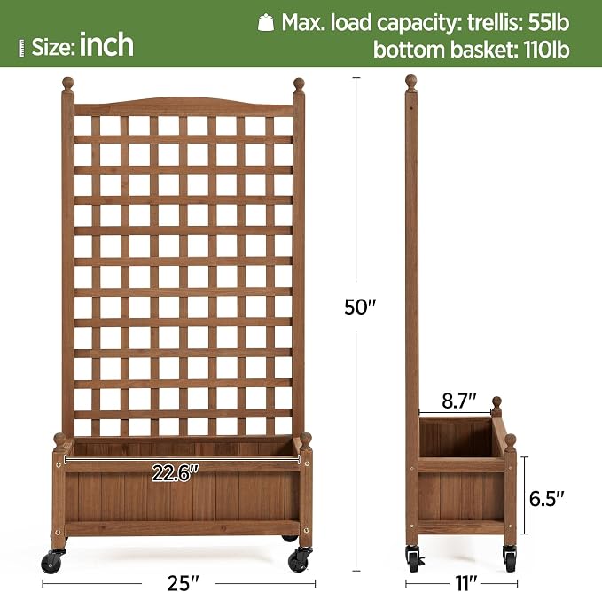 Topeakmart Rolling Raised Garden Bed with Trellis 50" Planter Box on Wheels | Movable planter on wheels with trellis for climbing vines. Easy to roll for sun or shade. Perfect for decks & small gardens.