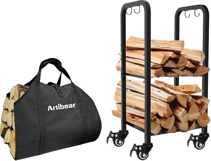 Rolling Small Firewood Rack Holder with Firewood Log Carrier