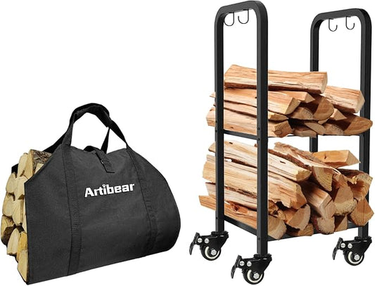 Rolling Small Firewood Rack Holder with Firewood Log Carrier