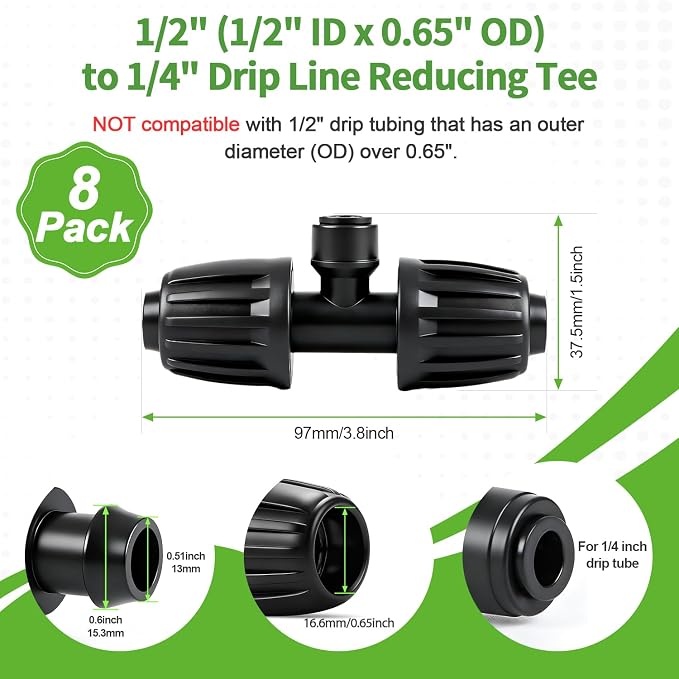 RedChili 8 Pcs Quick Connect 1/2" to 1/4" Drip Irrigation Fittings, Dripline 1/2 Inch (1/2" ID x0.6-0.65" OD) To 1/4 Inch Reducing Tee Adapter Drip Tubing 1/2" to 1/4" Irrigation 3 Way Connectors
