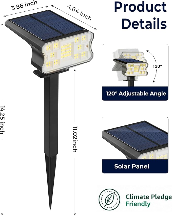 HGGH Solar Lights Outdoor Waterproof IP67, 60 LED 3 Lighting Modes Solar Spot Lights Outdoor for Yard Garden Pathway Landscape, Auto On/Off, Function 2 in 1(Cool White, 4 Pack)
