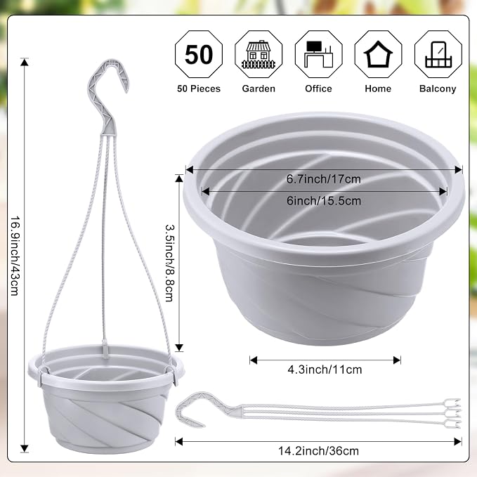 Tioncy 50 Pcs Plastic Hanging Planter Round Hanging Pot for Plants Containers with Hook Flower Plant Pots Holders for Outdoor Indoor Plant Balcony Garden Decor(Gray White,6.7inch)