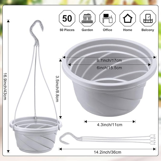 Tioncy 50 Pcs Plastic Hanging Planter Round Hanging Pot for Plants Containers with Hook Flower Plant Pots Holders for Outdoor Indoor Plant Balcony Garden Decor(Gray White,6.7inch)