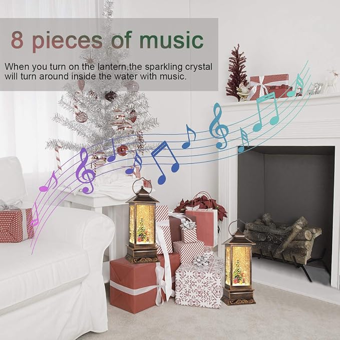 Christmas Snow Globe Lantern-Spark with Music Vintage Home Holiday Decor | Vintage Crystal Snow Lamp With Music And Sparkling Snow Scenery, 6h Timer; Indoor Christmas Tree Shaped Holiday Decorations