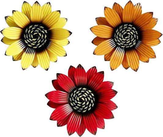 Sunflower Outdoor Metal Wall Art - 3Pack 9" Metal Flowers Wall Decor for Porch, Garden, Yard - Weather-Resistant Indoor Floral Wall Art - Durable Outdoor Wall Decor