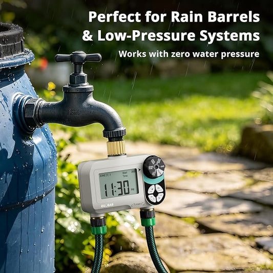 QUOBAS Zero Pressure Sprinkler Timer with Child Lock, Programmable Water Timer for Garden Hose Faucet with Brass Ports, Rain Delay/Manual/Auto Irrigation System, 2 Zone Watering for Rain Barrel