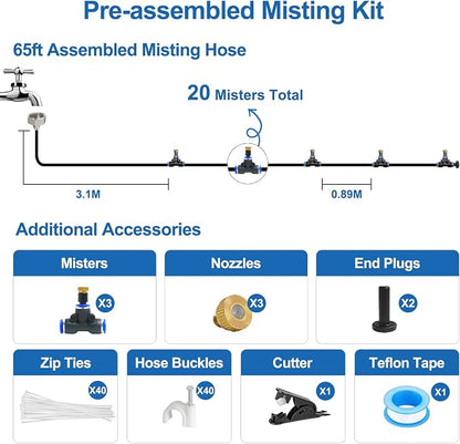Pre-Assembled Mister Hose for Outside Patio, Misting System for Outdoor, 65Ft|20M. Backyard Cooling Mist for Garden, Greenhouse, Deck, Umbrella, Canopy, Pool, Porch.Trampoline Sprinkler Park, Chicken