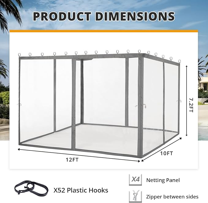 MASTERCANOPY Patio Gazebo Mosquito Netting Screen Walls (10x12, Grey)