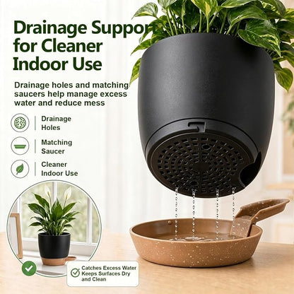 Plant Pots for Indoor 9/8/7/6.5/6/5 Inch, Self Watering Planter Pots with Drainage Holes and Saucers, 6Pcs Plastic Flower Pots for Indoor & Outdoor Plants（Black）