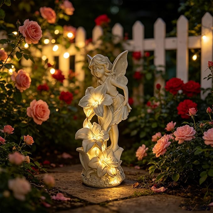 Angel Figurines Garden Statue with Solar Powered Light 12.2IN | Resin Angel Statue Decor for HOME Patio Lawn Yard Balcony, Resin Angel Sculpture, Memorial Gift for Mom/Grandma/Garden Lovers