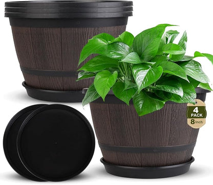 Myfeegoin 8-inch-Pots-for-Plant-Outdoor, 4 Pack Plastic Whiskey Barrel Planters Plant Pots with Drainage Hole & Saucer, Decorative Indoor Flower Pot for House Garden Porch
