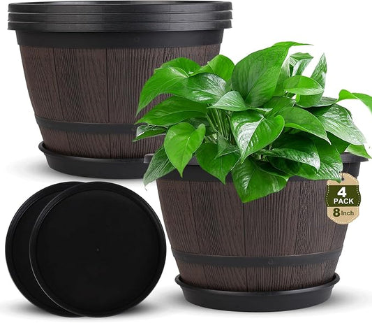 Myfeegoin 8-inch-Pots-for-Plant-Outdoor, 4 Pack Plastic Whiskey Barrel Planters Plant Pots with Drainage Hole & Saucer, Decorative Indoor Flower Pot for House Garden Porch