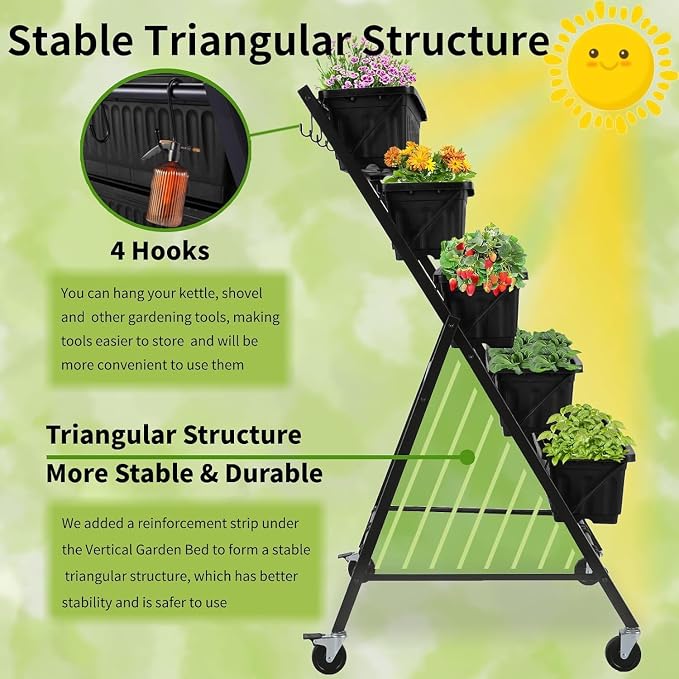 Homdox 2 Pack Vertical Garden Bed, 5 Tiers Raised Garden Planter, 25.6 * 26 * 48 Inch with Drainage System & 4 Hooks, Vegetable Flower Stand for Garden Patio Yard (Black with 4 Wheels)